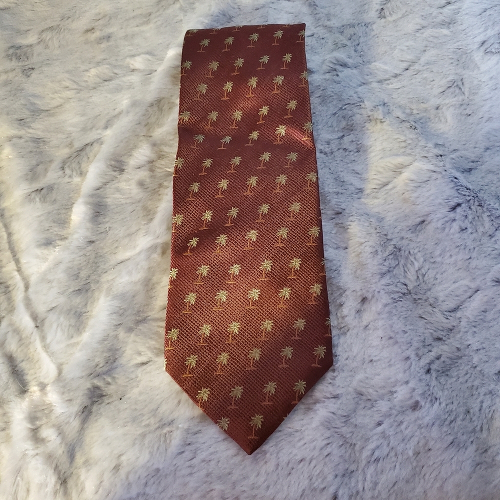 Tommy Bahama Green Palm Tree Tie on Maroon Background Silk